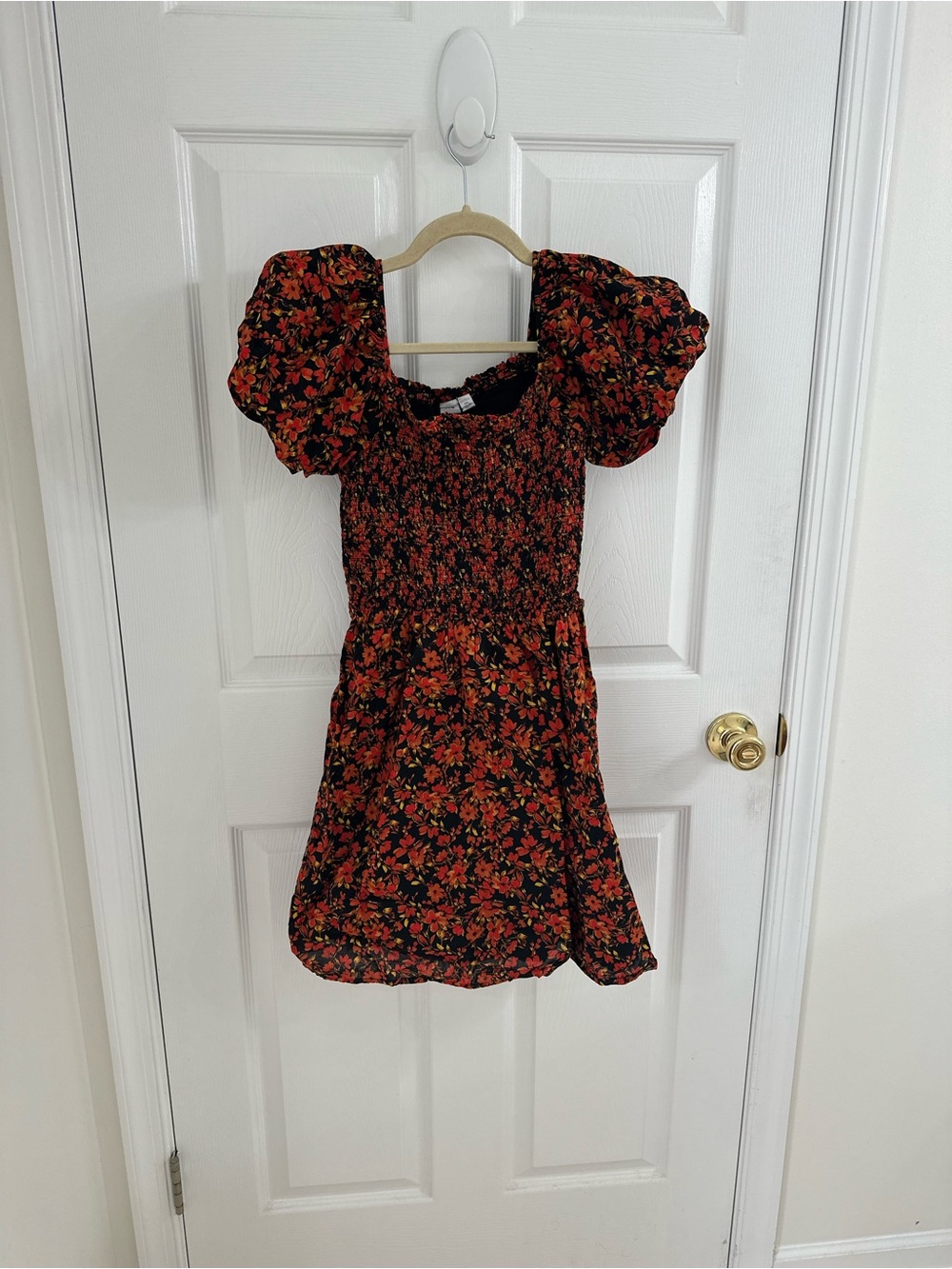 GAP Black Floral Puff Sleeve Dress with Red and Orange Blossoms